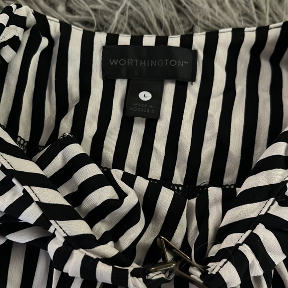 Black & white vertical stripe blouse L keyhole neck slinky stretch shoulder tabs - Picture 5 of 7